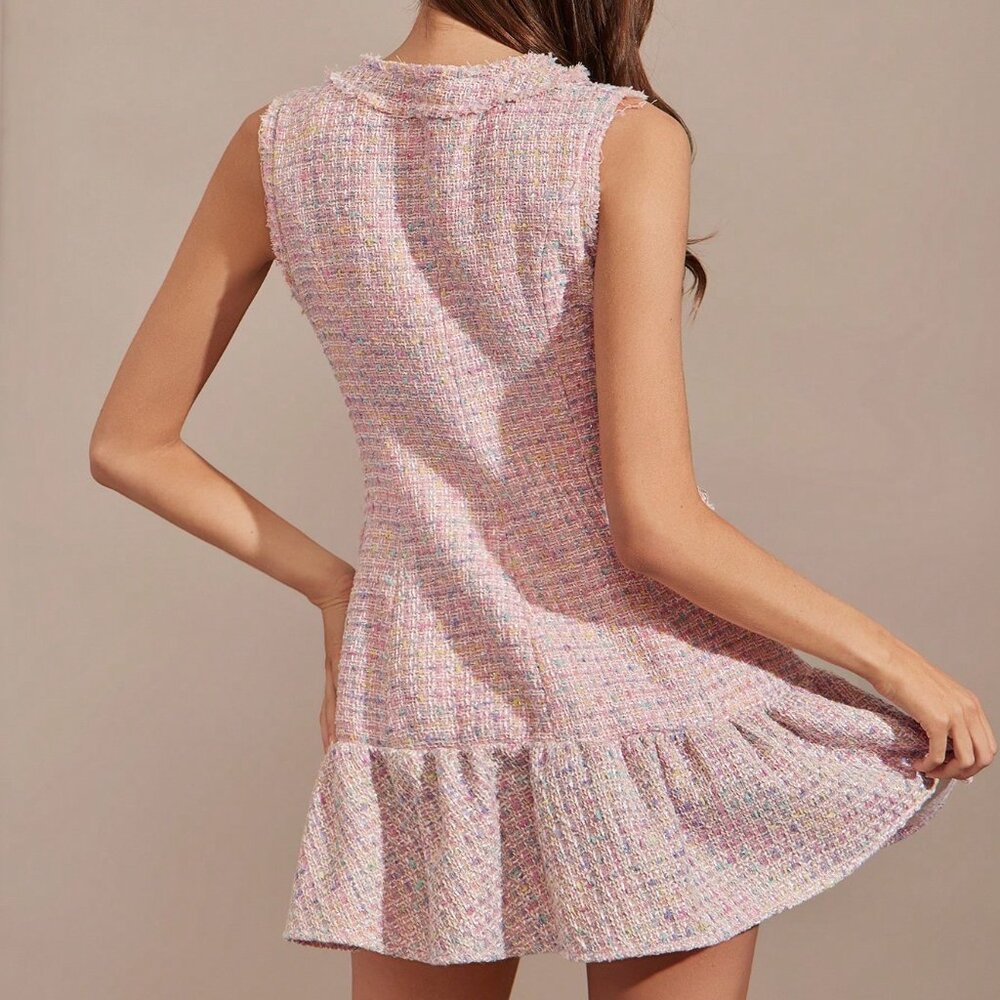 Pink Elegant Women's Floral Tweed Mini Dress - Picture 7 of 7